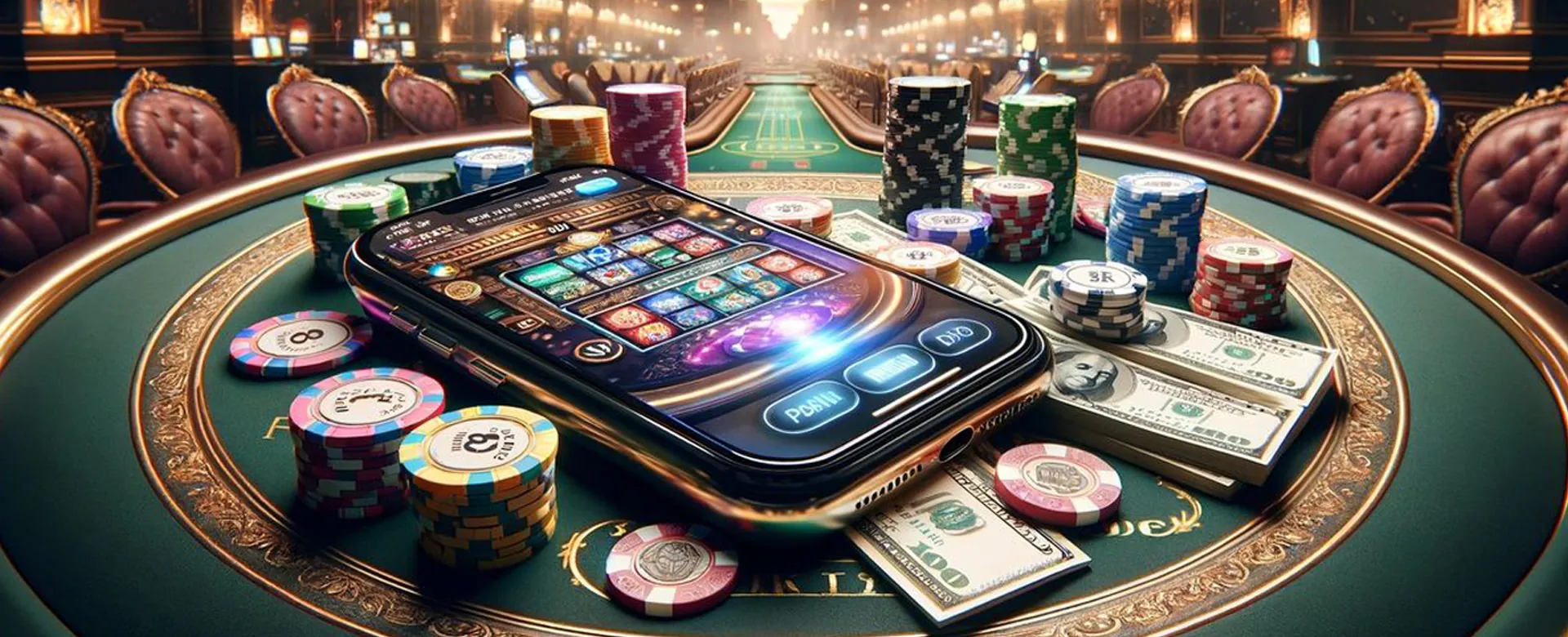 Dynamic online casino scene with golden accents, inviting players to register and enjoy their playtime